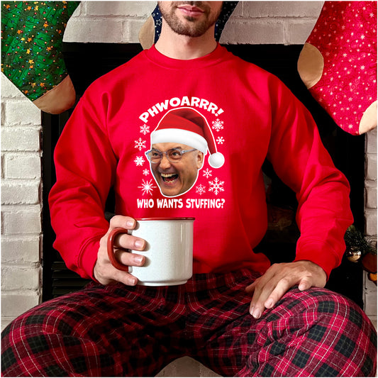 Gregg Wallace Christmas Jumper "Phwoar! Who Wants Stuffing?" RX301 Funny Rude and Offensive Christmas Jumper Sweater