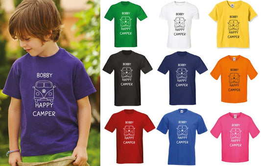 Kids Personalised Happy Camper T-Shirt - Any Name Children's Birthday