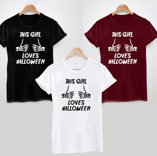 This Girl Loves Halloween T-Shirt, Funny, Skeleton Hands, Bones