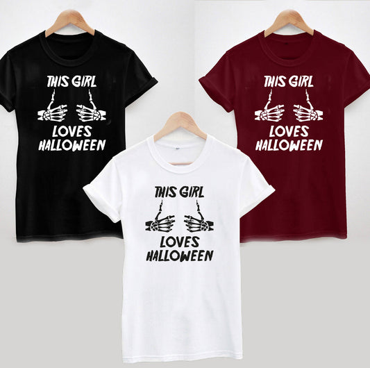 This Girl Loves Halloween T-Shirt, Funny, Skeleton Hands, Bones