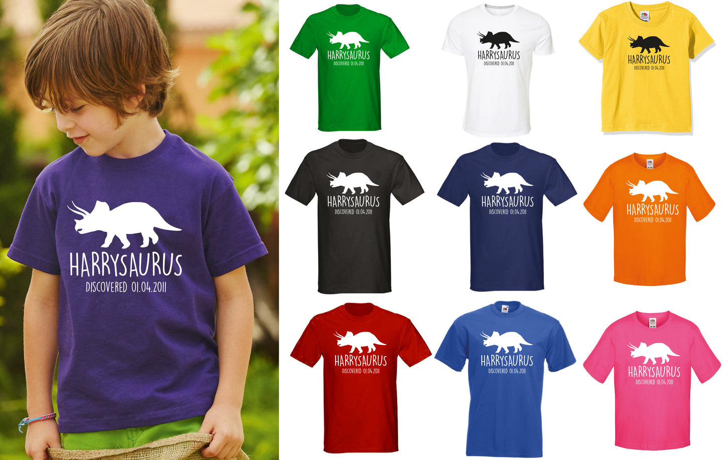 Triceratops Kids Personalised Dinosaur T-Shirt - Any Name and Date Children's Birthday Dino