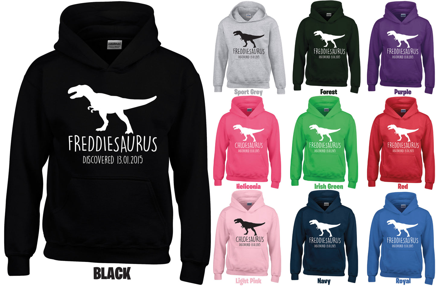 T-Rex Kids Personalised Dinosaur Hoodie GD57B - Any Name and Date Children's Birthday Dino