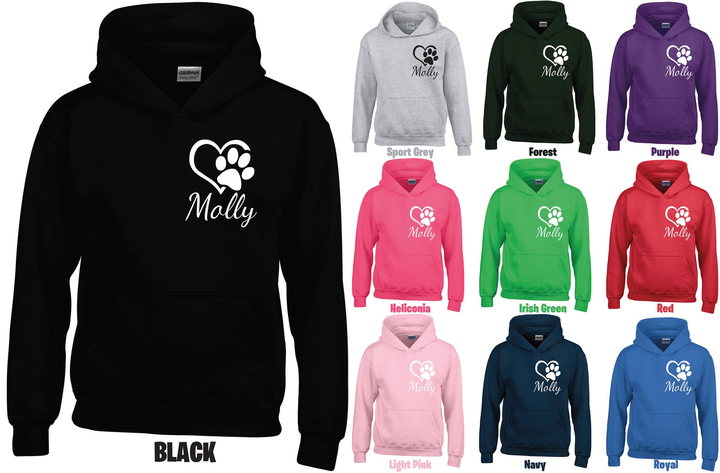 Kids Personalised Dog Paw/Heart Hoodie GD57B - Any Name