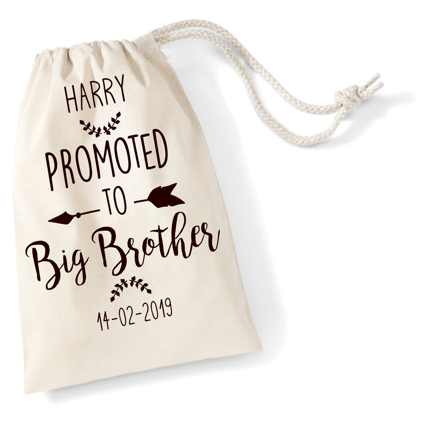 Personalised Promoted to Big Brother Cotton Gift Bag, Drawstring WM115