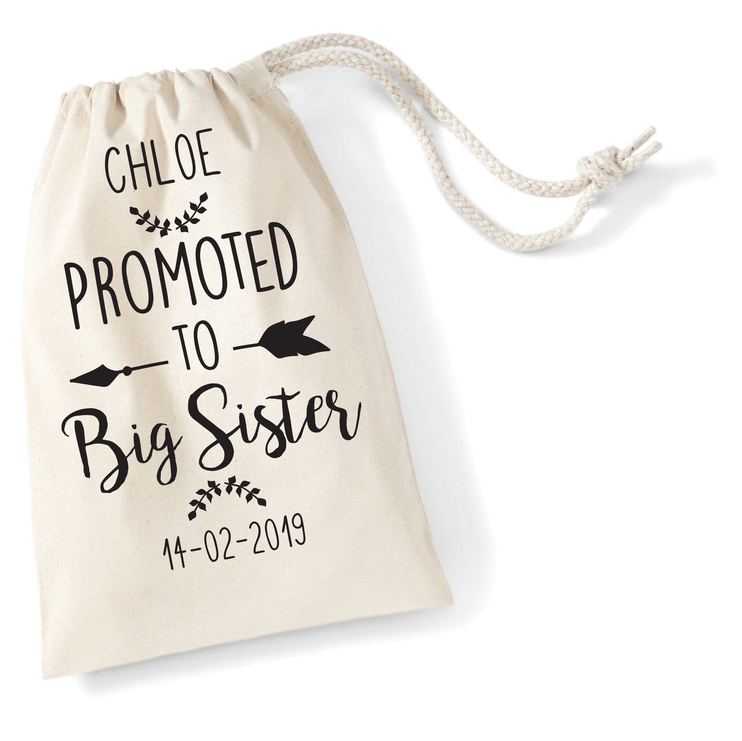 Personalised Promoted to Big Sister Cotton Gift Bag, Drawstring WM115