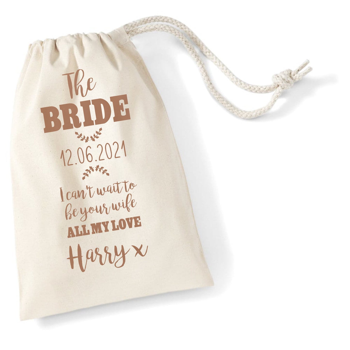 Personalised Wedding Day Gift Sack for Bride / Wife to be Present Black or Rose Gold Print