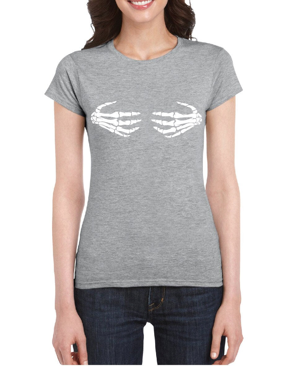 Skeleton Hands on Boobs T-Shirt, Funny, Joke, Halloween, Spooky