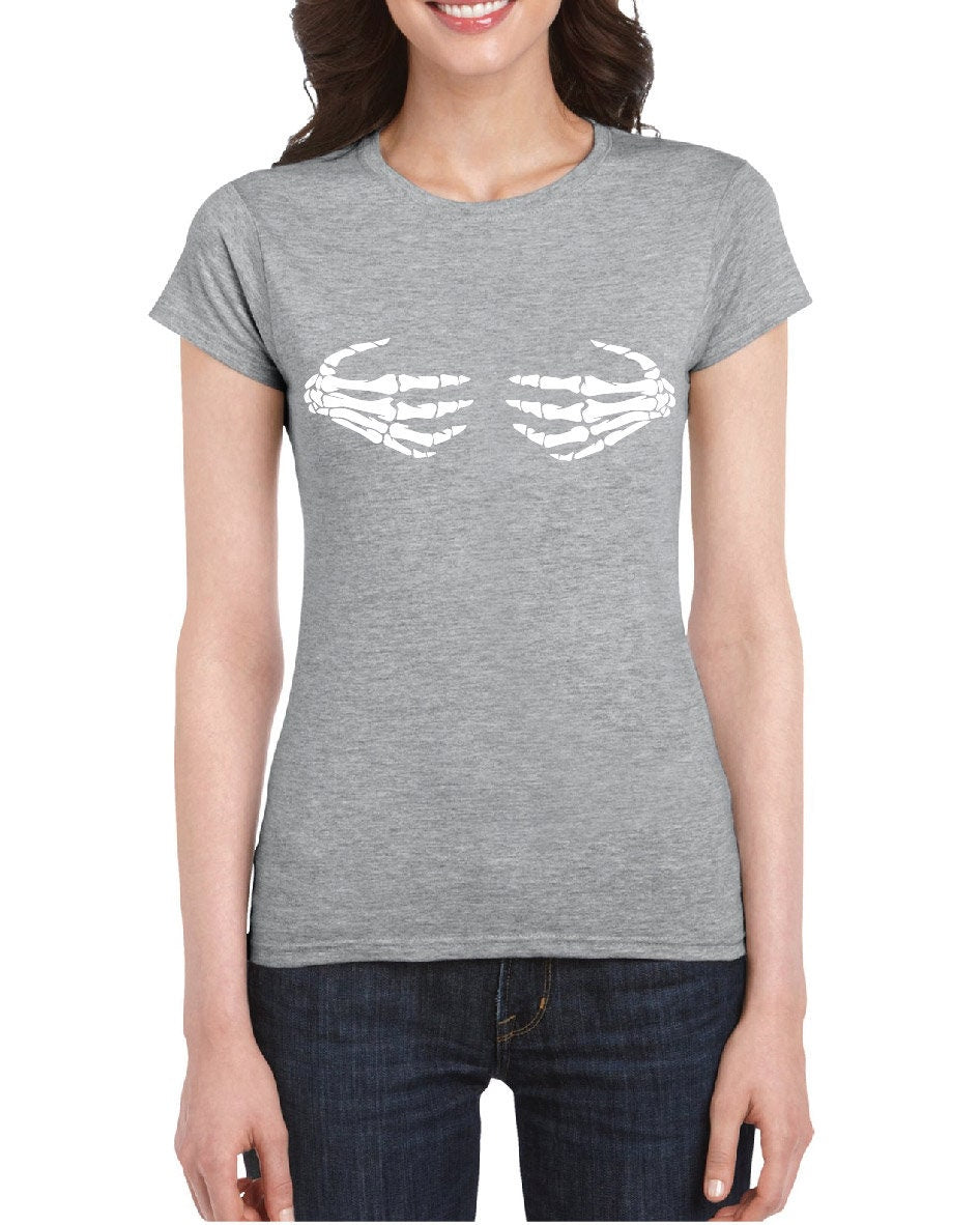 Skeleton Hands on Boobs T-Shirt, Funny, Joke, Halloween, Spooky