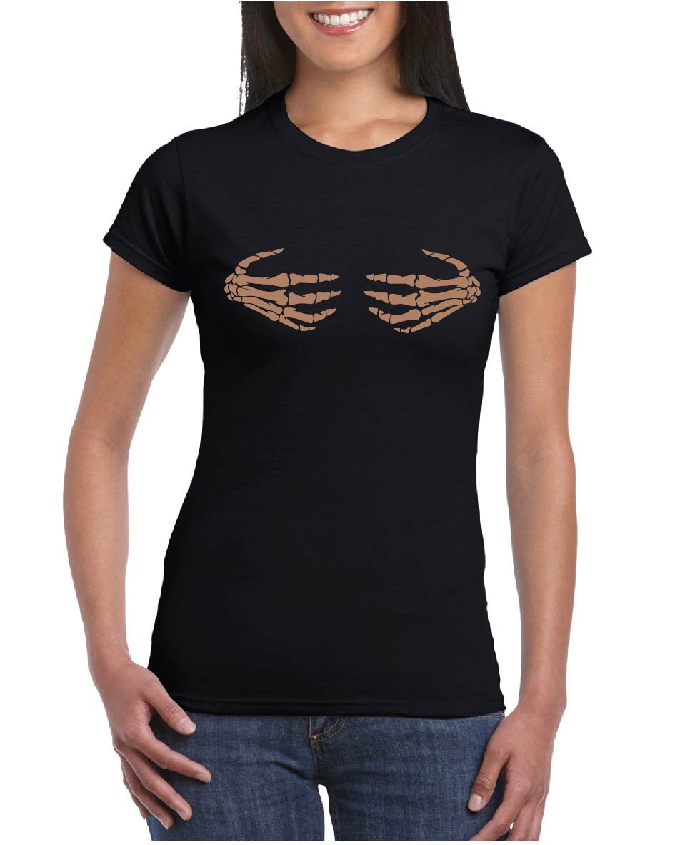 Skeleton Hands on Boobs (ROSE GOLD Print) T-Shirt, Funny, Joke, Halloween, Spooky