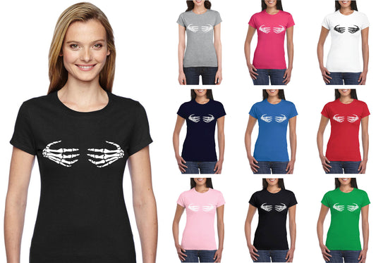 Skeleton Hands on Boobs T-Shirt, Funny, Joke, Halloween, Spooky