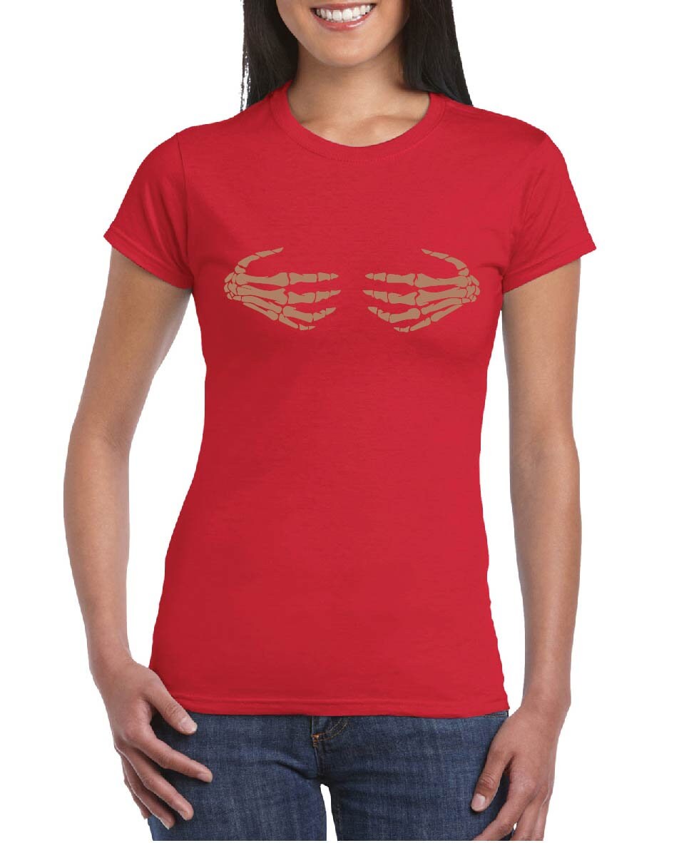 Skeleton Hands on Boobs (ROSE GOLD Print) T-Shirt, Funny, Joke, Halloween, Spooky