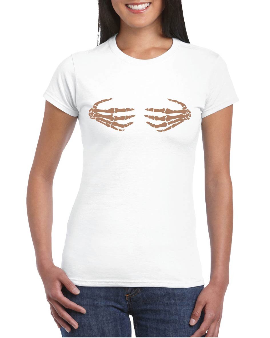 Skeleton Hands on Boobs (ROSE GOLD Print) T-Shirt, Funny, Joke, Halloween, Spooky