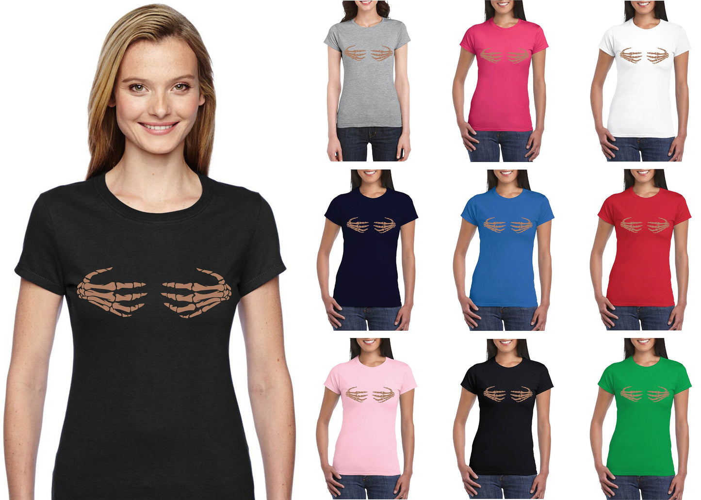 Skeleton Hands on Boobs (ROSE GOLD Print) T-Shirt, Funny, Joke, Halloween, Spooky