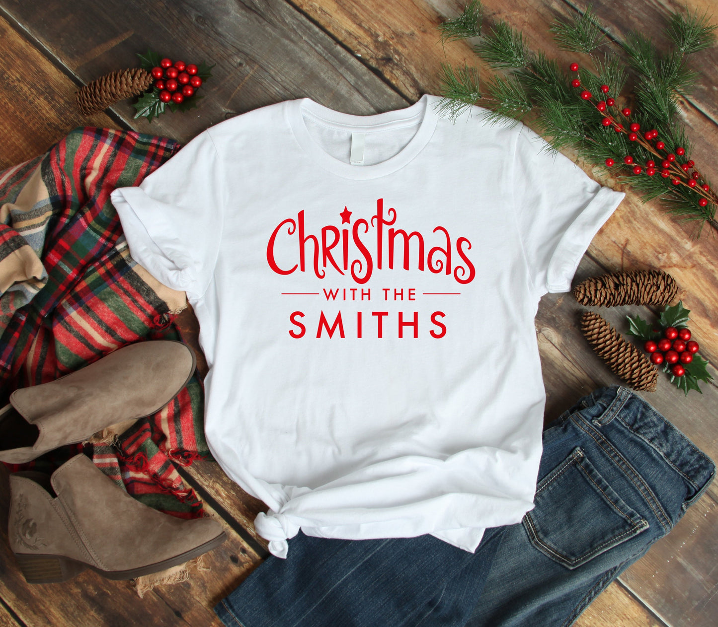 Christmas with the (Family Name) B Personalised White T-Shirts, Customised Xmas Matching Tops