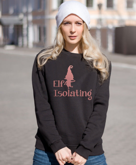 Elf Isolating ROSE GOLD Black Sweatshirt JH030 Funny Christmas Jumper Sweater Self Isolation Lockdown