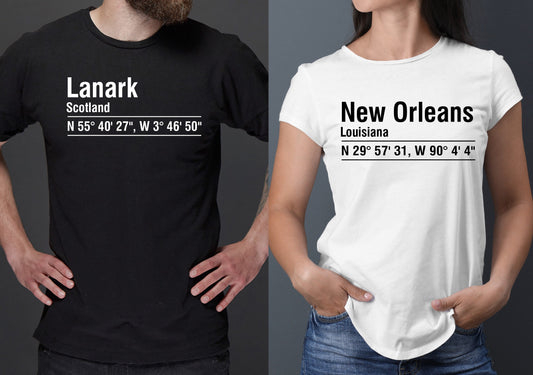 Personalised coordinates Tshirt - Your Town, City, House, Place of Business Custom GPS DMS Tee T-Shirt