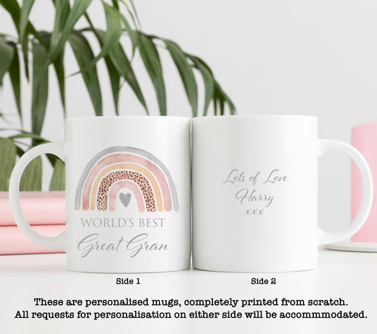 Cute Watercolour Rainbow World's Best Great Gran Mug | Personalised Mother's Day Gift Mug | Cup | Granny | Grandma | Nan