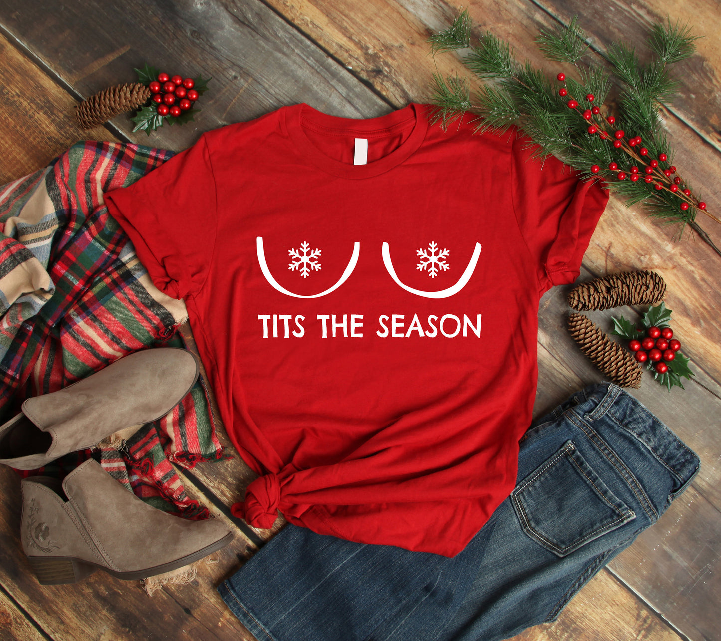Tits The Season B T-Shirt | Rude Funny Christmas Tshirt | Cartoon Boobs Tee