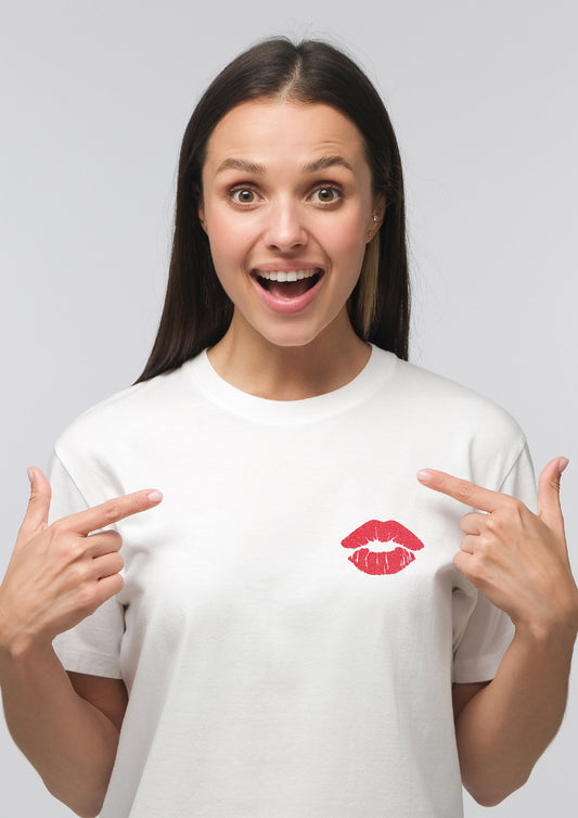 Red Glitter Small Lips White T-Shirt | Kiss Tee | Valentine's Tshirt | Chest Pocket Print