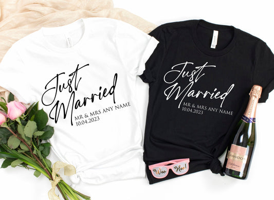 Just Married T-Shirt | Personalised Husband and Wife Couples Honeymoon Tshirt | Finally Matching Wedding Tee