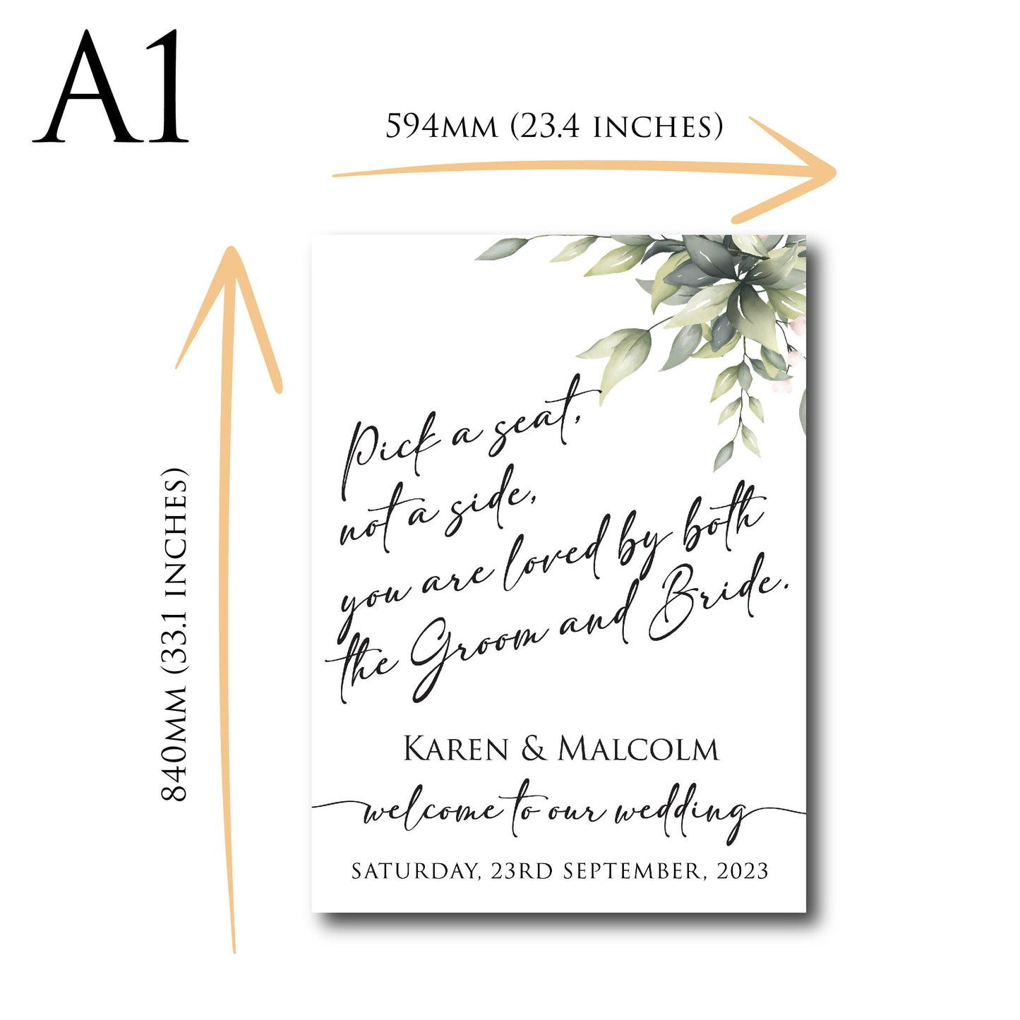 Personalised Wedding Welcome Sign TLPCW005 Physical or Digital, A1 or A2 Portrait Welcome Board for Wedding Easel, Pick a seat not a side