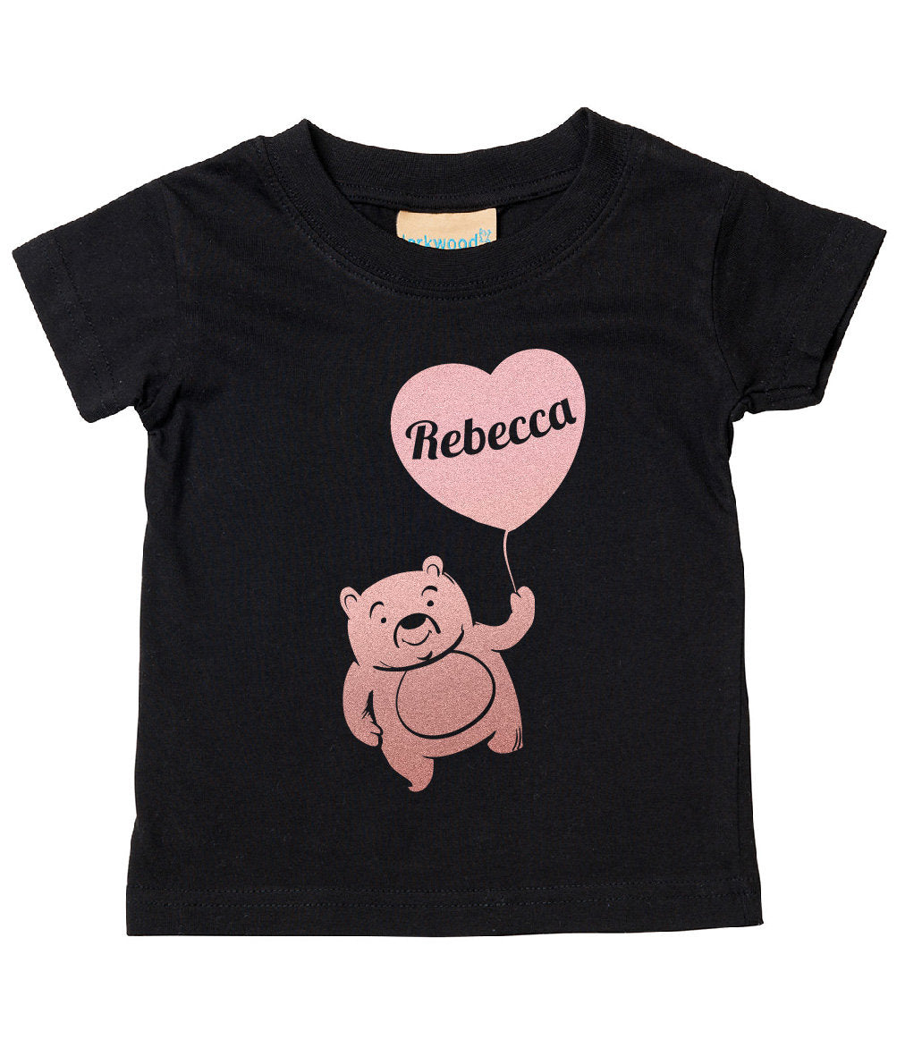 Personalised Rose Gold Print Teddy Bear with Balloon Kids T-Shirt | Personalised Kids Tshirt with Any Name | Heart T-shirt