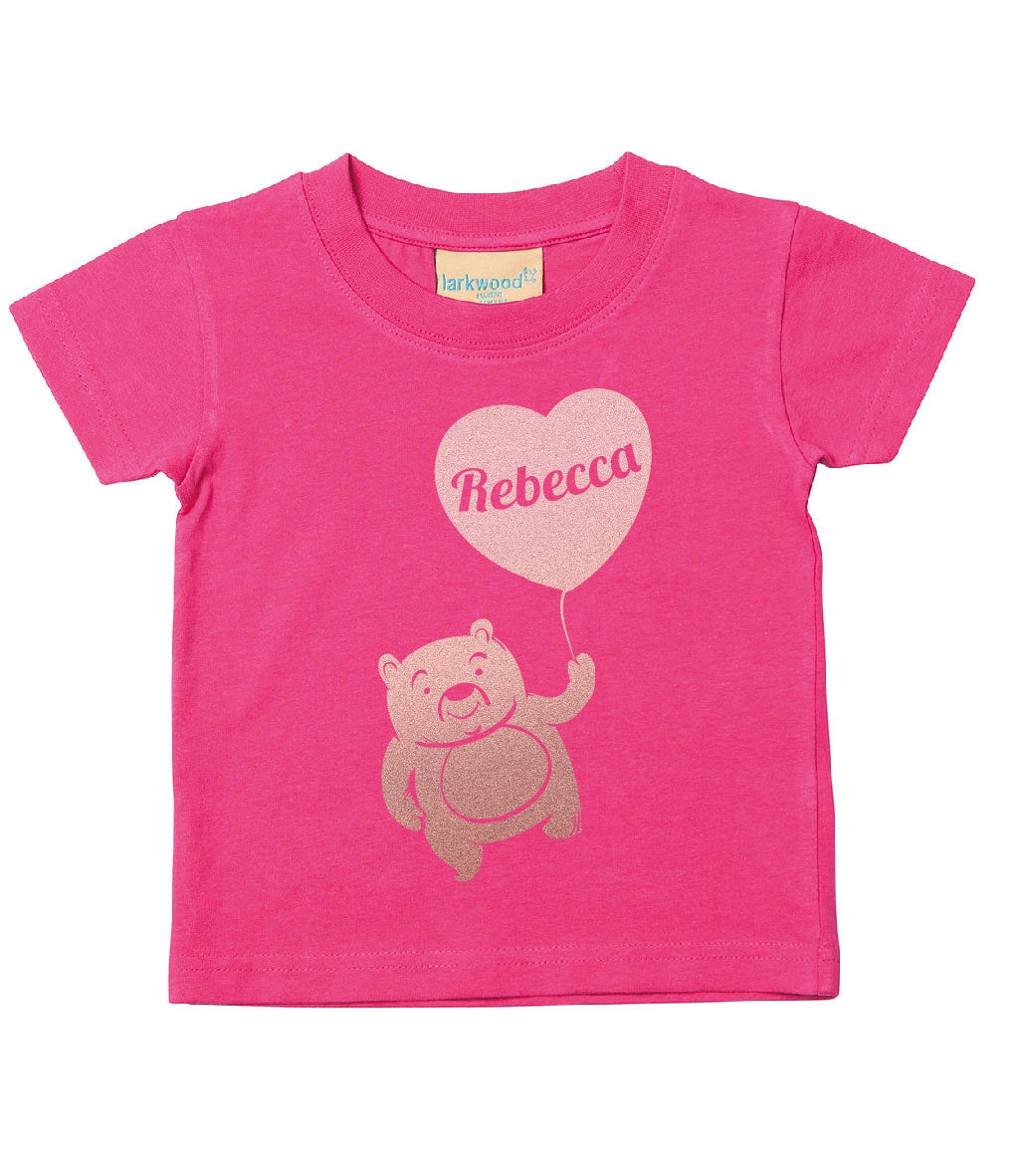 Personalised Rose Gold Print Teddy Bear with Balloon Kids T-Shirt | Personalised Kids Tshirt with Any Name | Heart T-shirt