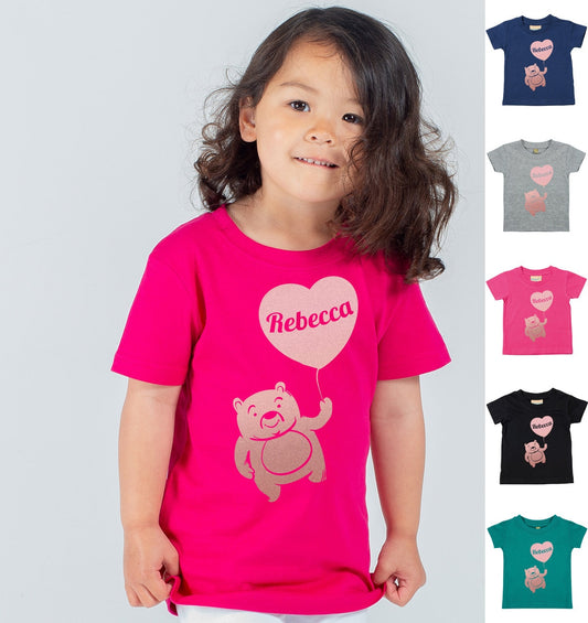 Personalised Rose Gold Print Teddy Bear with Balloon Kids T-Shirt | Personalised Kids Tshirt with Any Name | Heart T-shirt