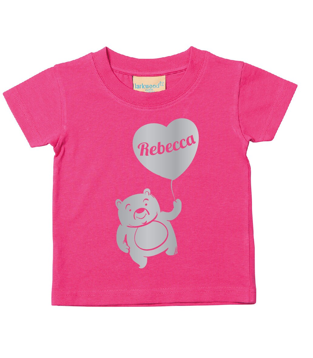 Personalised Silver Print Teddy Bear with Balloon Kids T-Shirt | Personalised Kids Tshirt with Any Name | Heart T-shirt