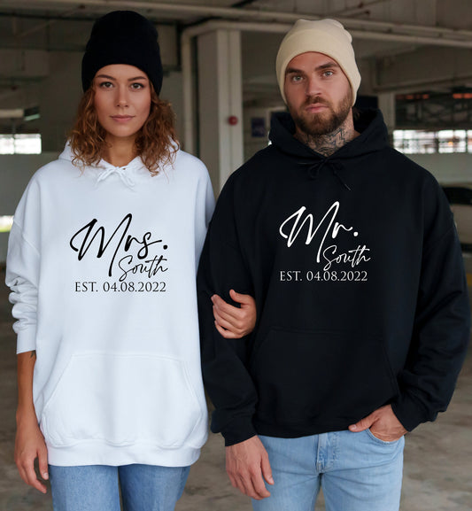 Mr & Mrs Personalised Hoodies | Husband and Wife Couples Honeymoon Hooded Sweater | Mr Mrs Matching Wedding Jumpers