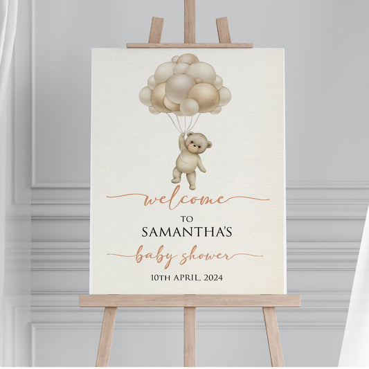 Personalised Baby Shower Welcome Sign TLPCBS003 Physical or Digital, Bear Balloon Gender Neutral Hot-Air Balloon Baby Shower Sign