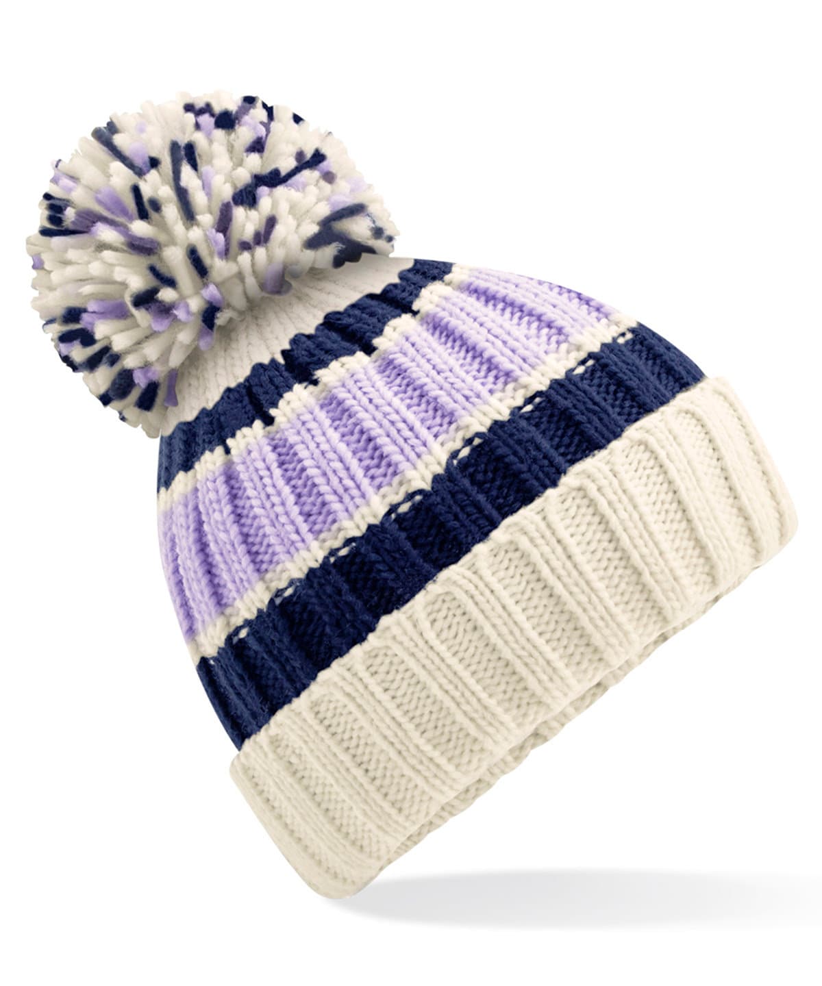 Hygge Striped Pom Pom Beanie BC392 | Warm Winter Beanie Hat | Stylish Scandi Woolly Hat | Striped Beanie