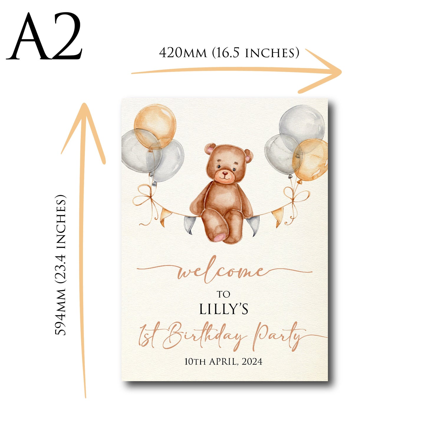 Personalised 1st Birthday Party Welcome Sign TLPCFB001 Physical or Digital, Bear Balloon Gender Neutral Hot-Air Baby Borthday Sign
