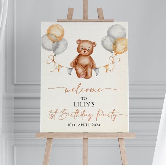 Personalised 1st Birthday Party Welcome Sign TLPCFB001 Physical or Digital, Bear Balloon Gender Neutral Hot-Air Baby Borthday Sign