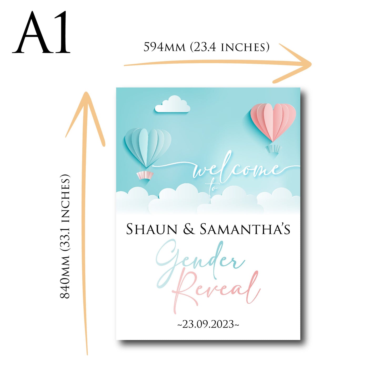 Personalised Gender Reveal Welcome Sign TLPCGR001 Physical or Digital, Blue Pink Hot-Air Balloon Baby Shower Sign