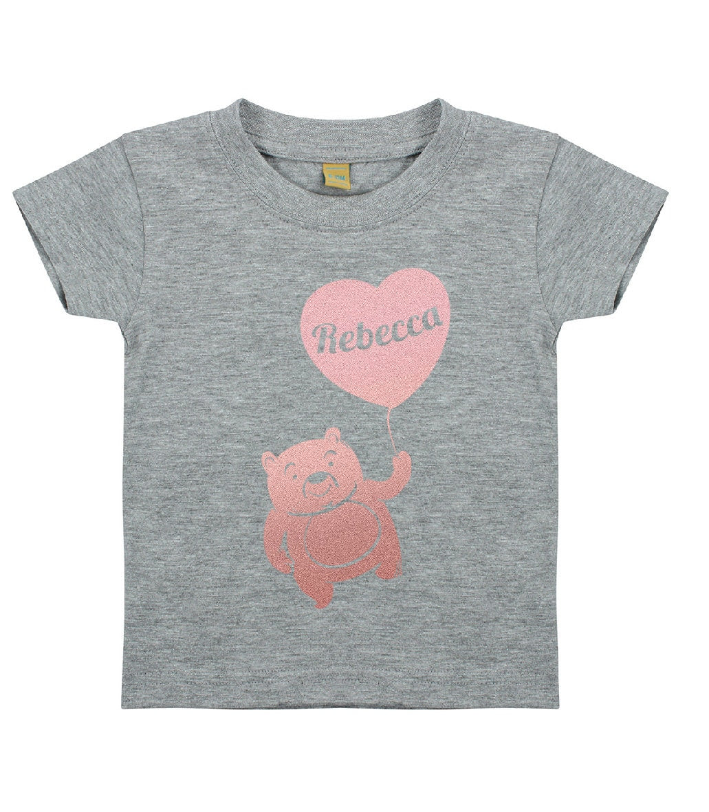 Personalised Rose Gold Print Teddy Bear with Balloon Kids T-Shirt | Personalised Kids Tshirt with Any Name | Heart T-shirt
