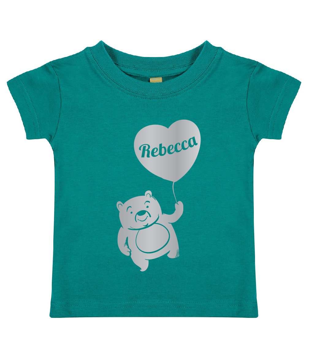 Personalised Silver Print Teddy Bear with Balloon Kids T-Shirt | Personalised Kids Tshirt with Any Name | Heart T-shirt