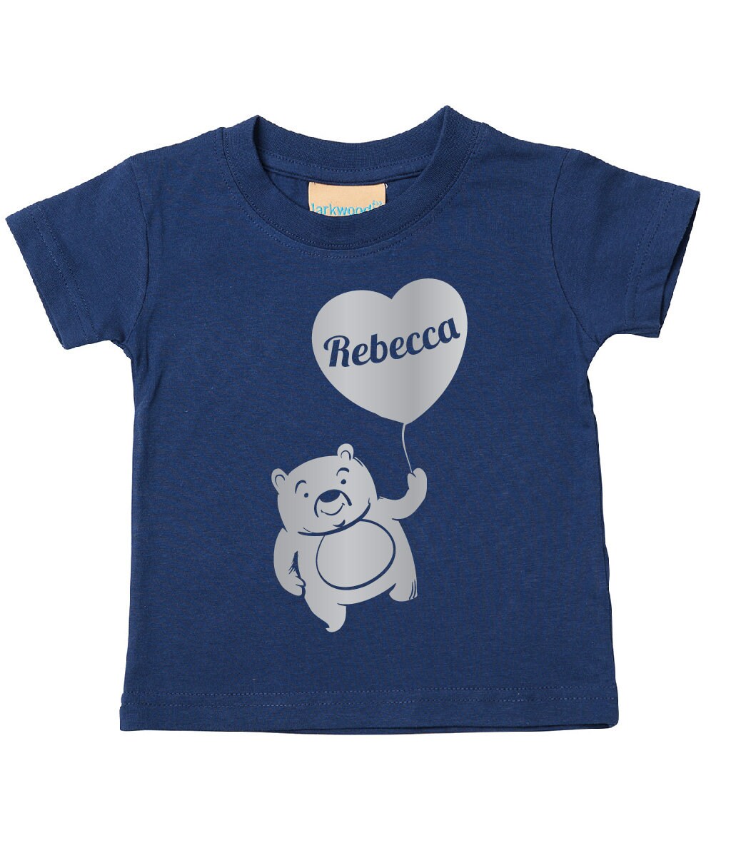 Personalised Silver Print Teddy Bear with Balloon Kids T-Shirt | Personalised Kids Tshirt with Any Name | Heart T-shirt