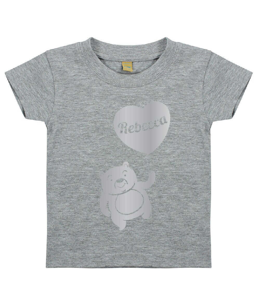 Personalised Silver Print Teddy Bear with Balloon Kids T-Shirt | Personalised Kids Tshirt with Any Name | Heart T-shirt