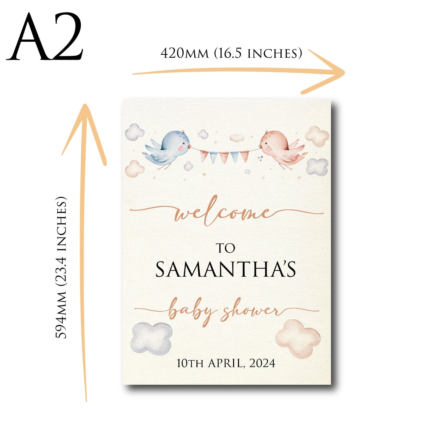 Personalised Baby Shower Welcome Sign TLPCBS004 Physical or Digital, Birds and Bunting Clouds Gender Neutral Baby Shower Sign