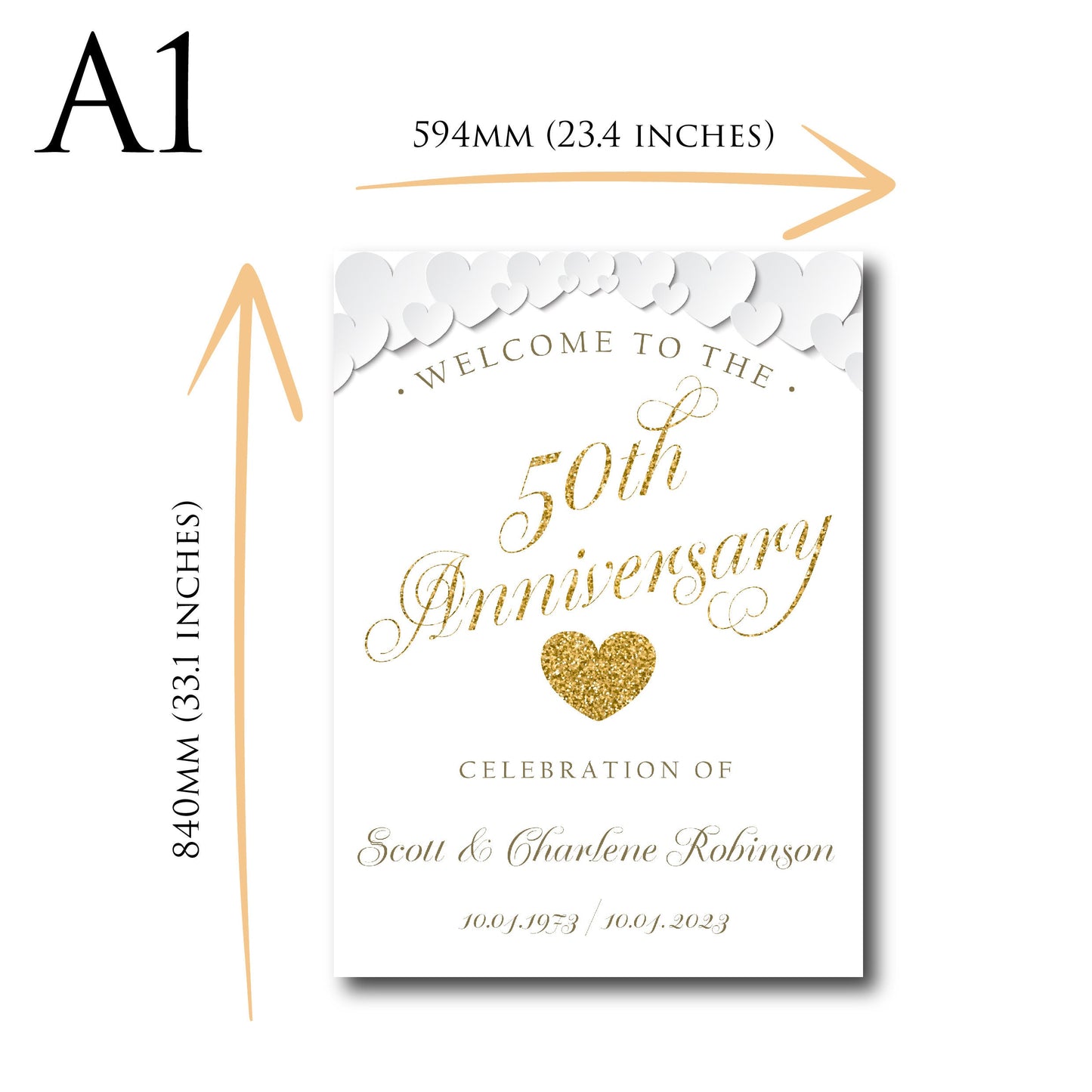 Personalised 50th Wedding Anniversary Welcome Sign TLPCGW0001 Physical or Digital, A1 or A2 Portrait Welcome Board for Golden Wedding