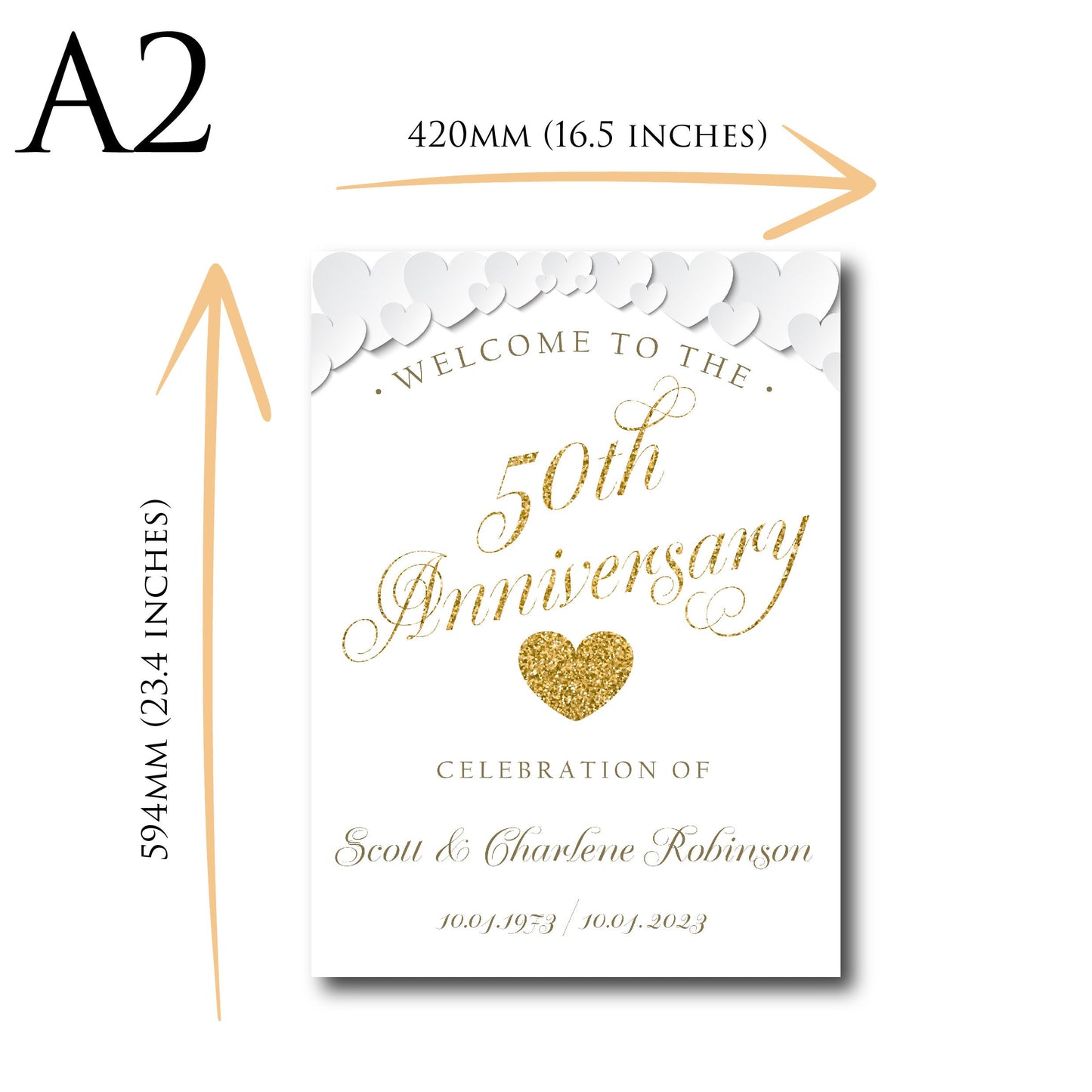 Personalised 50th Wedding Anniversary Welcome Sign TLPCGW0001 Physical or Digital, A1 or A2 Portrait Welcome Board for Golden Wedding