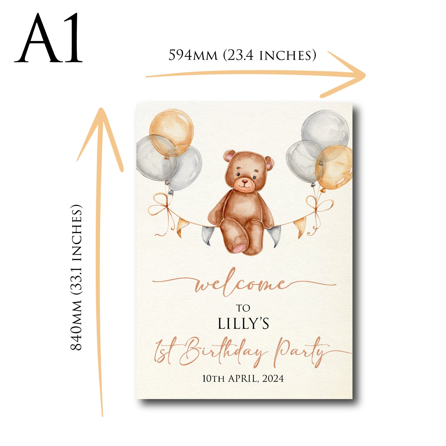 Personalised 1st Birthday Party Welcome Sign TLPCFB001 Physical or Digital, Bear Balloon Gender Neutral Hot-Air Baby Borthday Sign