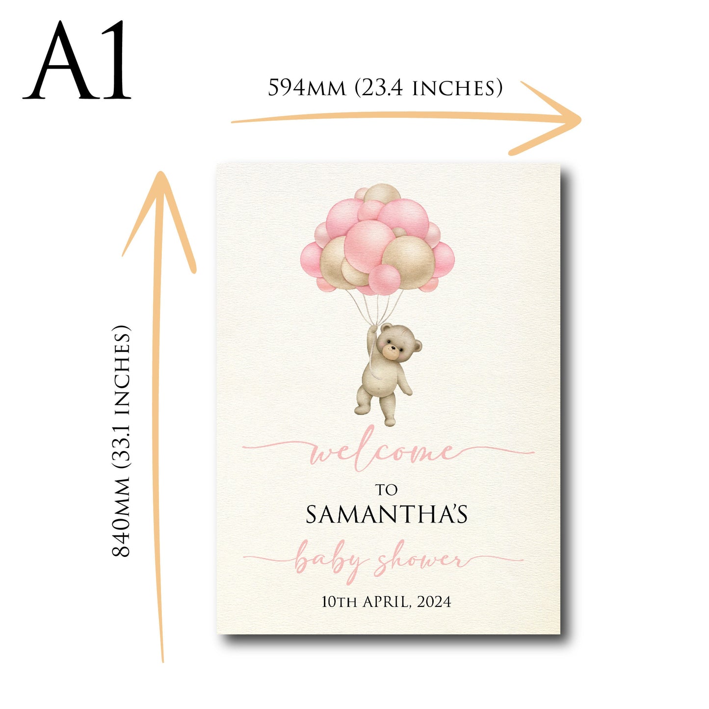Personalised Baby Shower Welcome Sign TLPCBS006 Physical or Digital, Bear Balloon Baby Girl Pink Hot-Air Balloon Baby Shower Sign
