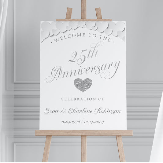 Personalised 25th Wedding Anniversary Welcome Sign TLPCSW0001 Physical or Digital, A1 or A2 Portrait Welcome Board for Silver Wedding