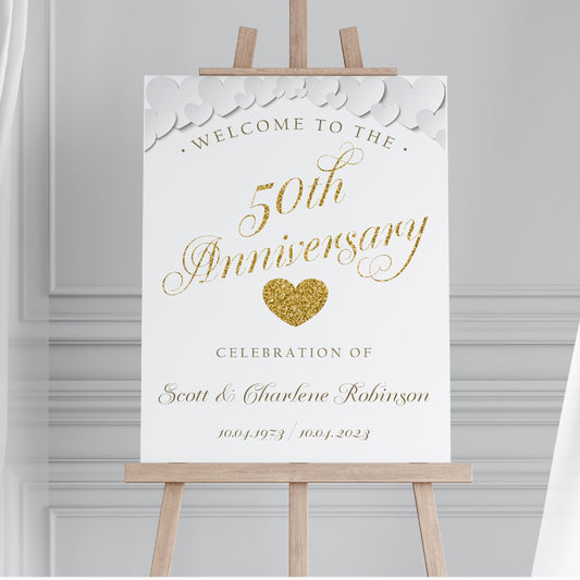 Personalised 50th Wedding Anniversary Welcome Sign TLPCGW0001 Physical or Digital, A1 or A2 Portrait Welcome Board for Golden Wedding