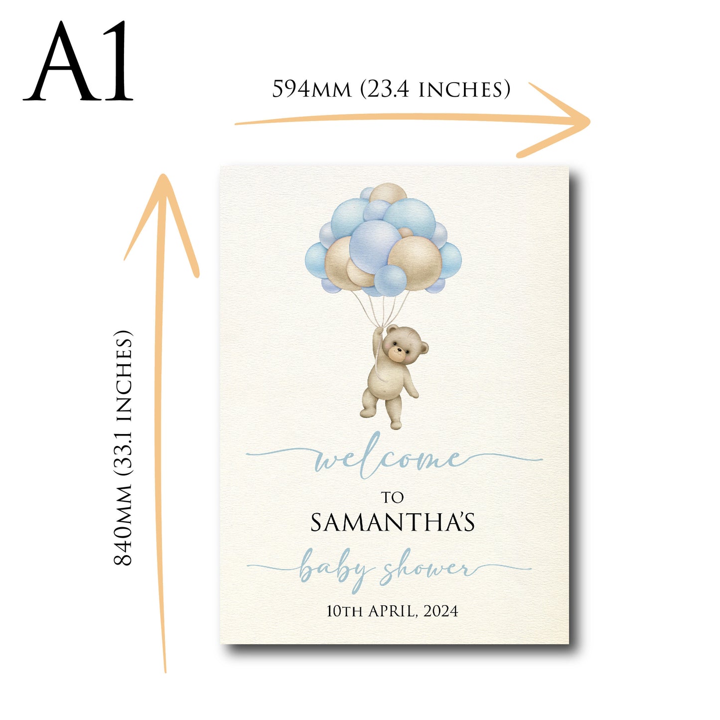 Personalised Baby Shower Welcome Sign TLPCBS005 Physical or Digital, Bear Balloon Baby Boy Blue Hot-Air Balloon Baby Shower Sign
