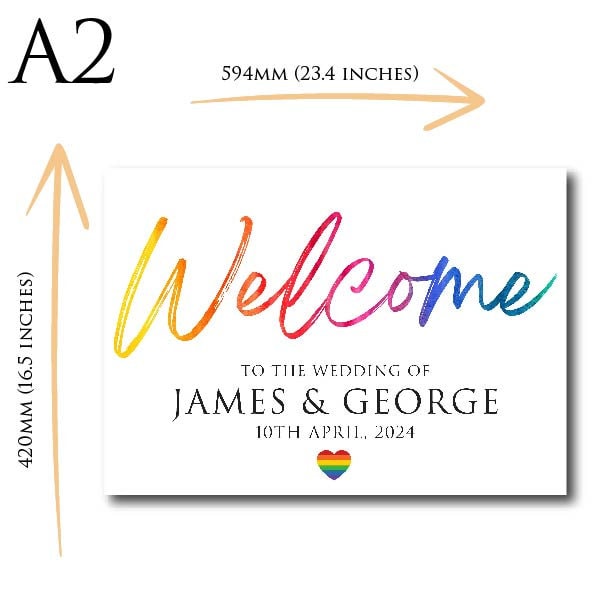 Personalised Wedding Welcome Sign Rainbow TLPCW009 Physical or Digital, A1 or A2 Landscape Welcome Board Same Sex Wedding Gift