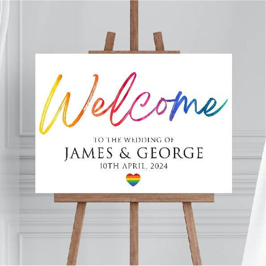 Personalised Wedding Welcome Sign Rainbow TLPCW009 Physical or Digital, A1 or A2 Landscape Welcome Board Same Sex Wedding Gift