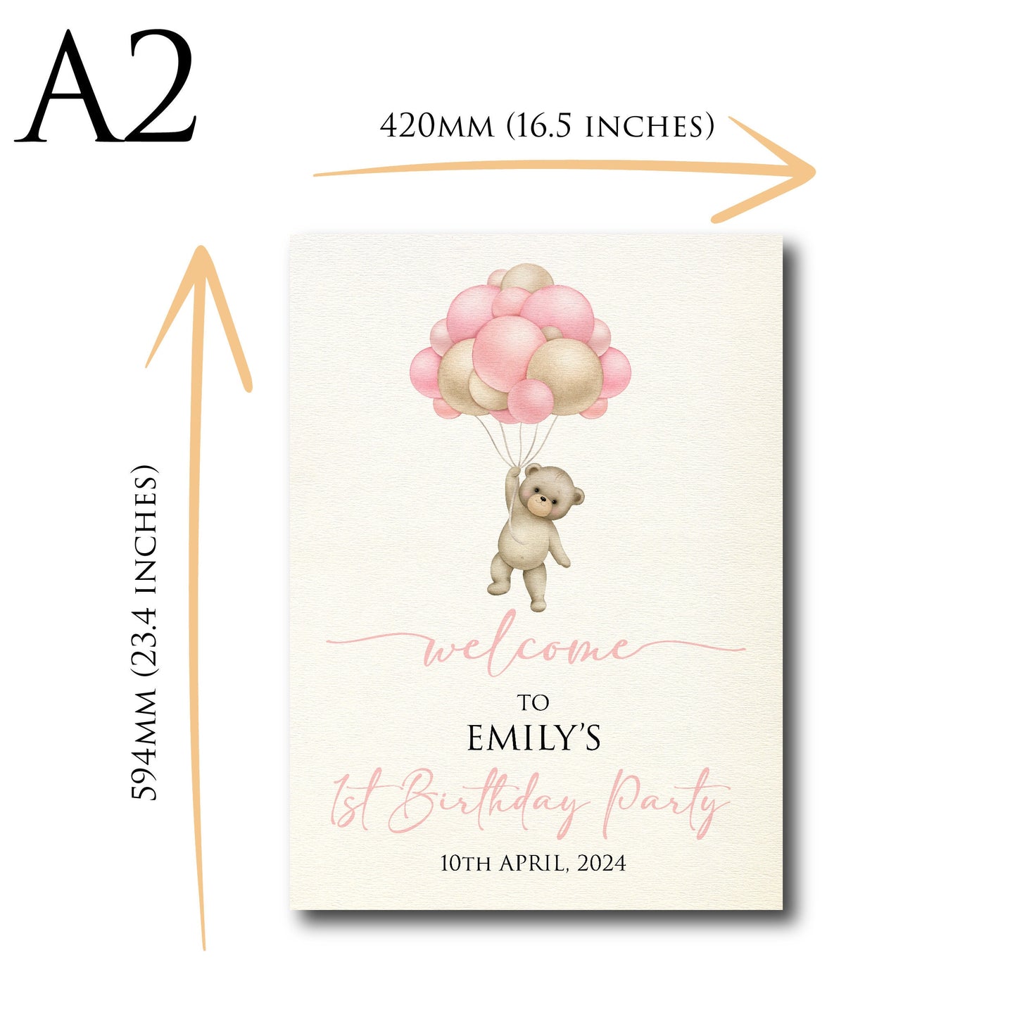 Personalised 1st Birthday Party Welcome Sign FB003 Physical or Digital, Bear Balloon Pink Girl Neutral Hot-Air Baby Birthday Sign